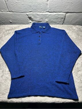 Vintage Susan Ess Knit Polo Sweater Mens Large Blue Black Marled Long Sleeve